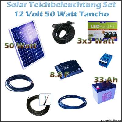 50W 12V Solarset mit Teichbeleuchtung 9W LED Tancho